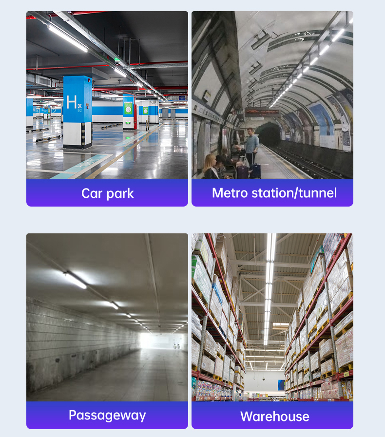 This image introduces the application scenarios of the LED Batten Light fixture product, including various commercial and industrial locations such as underground parking lots, subway stations, Passageway, warehouses, and more.