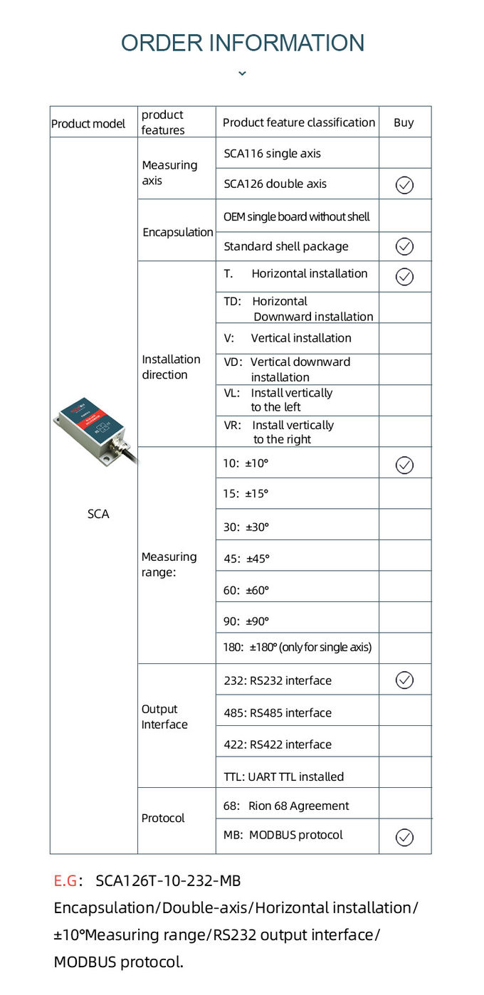 SCA116T SCA126T Dual Axis Inclinometer With RS232 / RS485 Output IP67 Protection