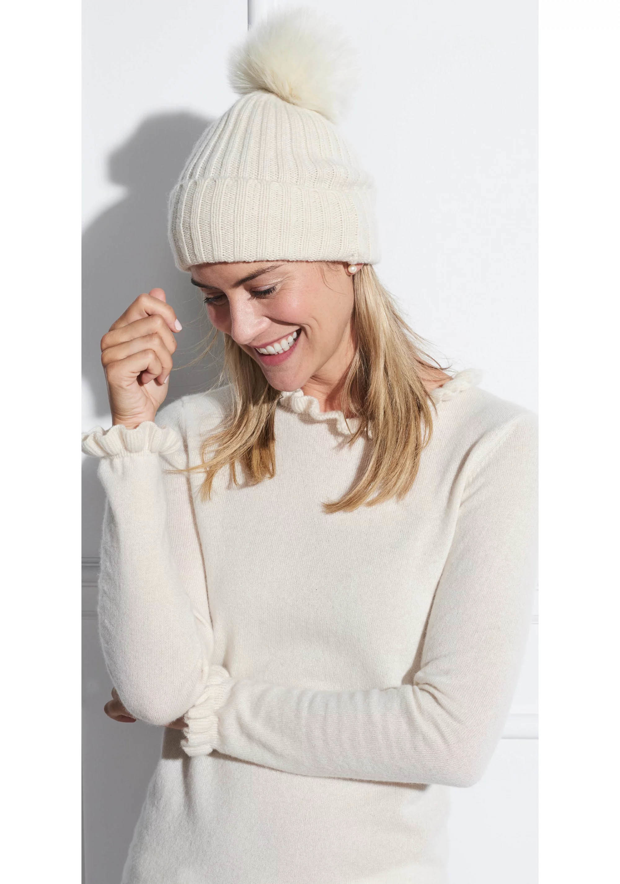 Female Knitted Beanie With Pom Pom , Cashmere Winter Hat With Two Pom Poms