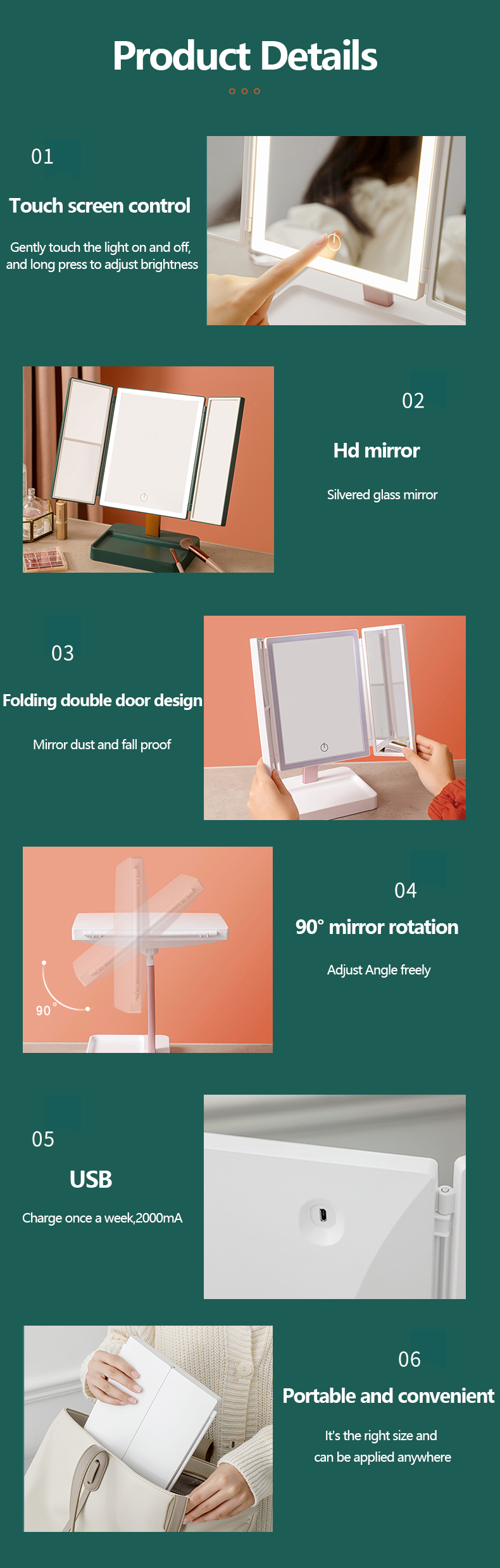 Trifold vanity Lighted Magnifying Makeup Mirror Cosmetic ABS Plastic