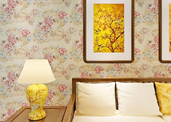 Quality 0.53*10M Contemporary Bedroom Wallpaper With Light Yellow Floral Pattern , Heat Insulation for sale
