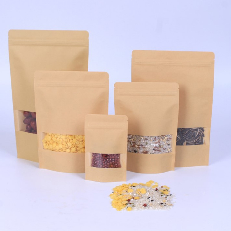 Standing Up Food Grade Brown Kraft Paper Zipper Poly Bags with Clear Window