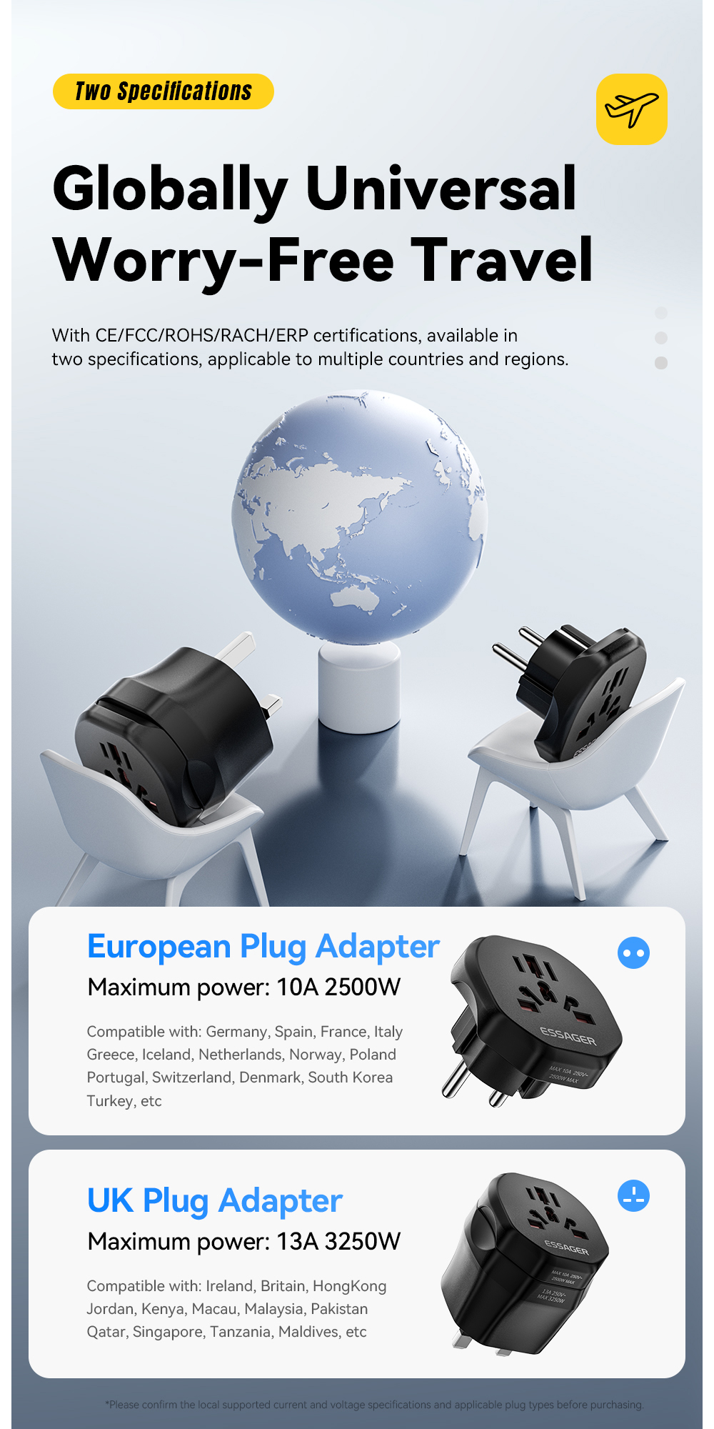 ESSAGER WL-033-WL-09 Series EU UK to Universal UK to EU Travel Power Adapter