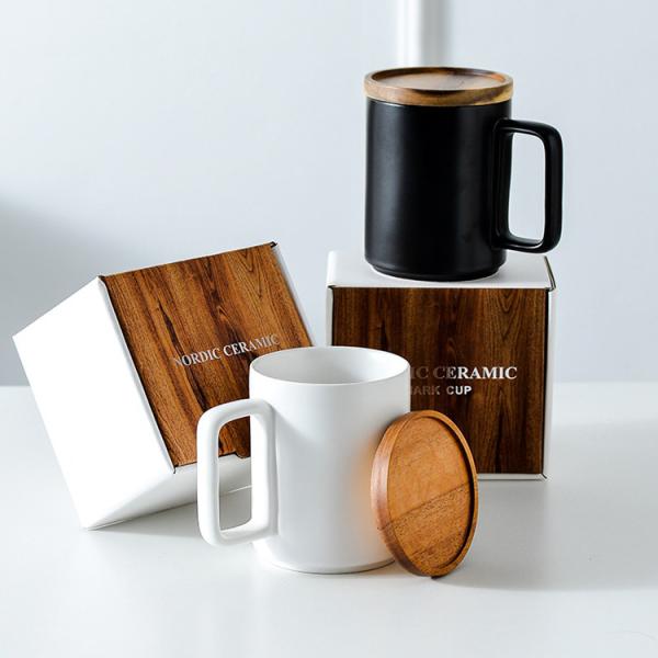 Buy cheap Custom Large 15oz Nordic Matte Black White Ceramic Coffee Mug with Wooden Lid Gift Box from wholesalers