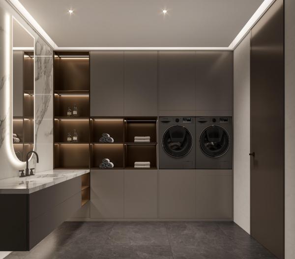 Dual Functional Meridian Gray Custom Laundry Room Cabinets With Quartz