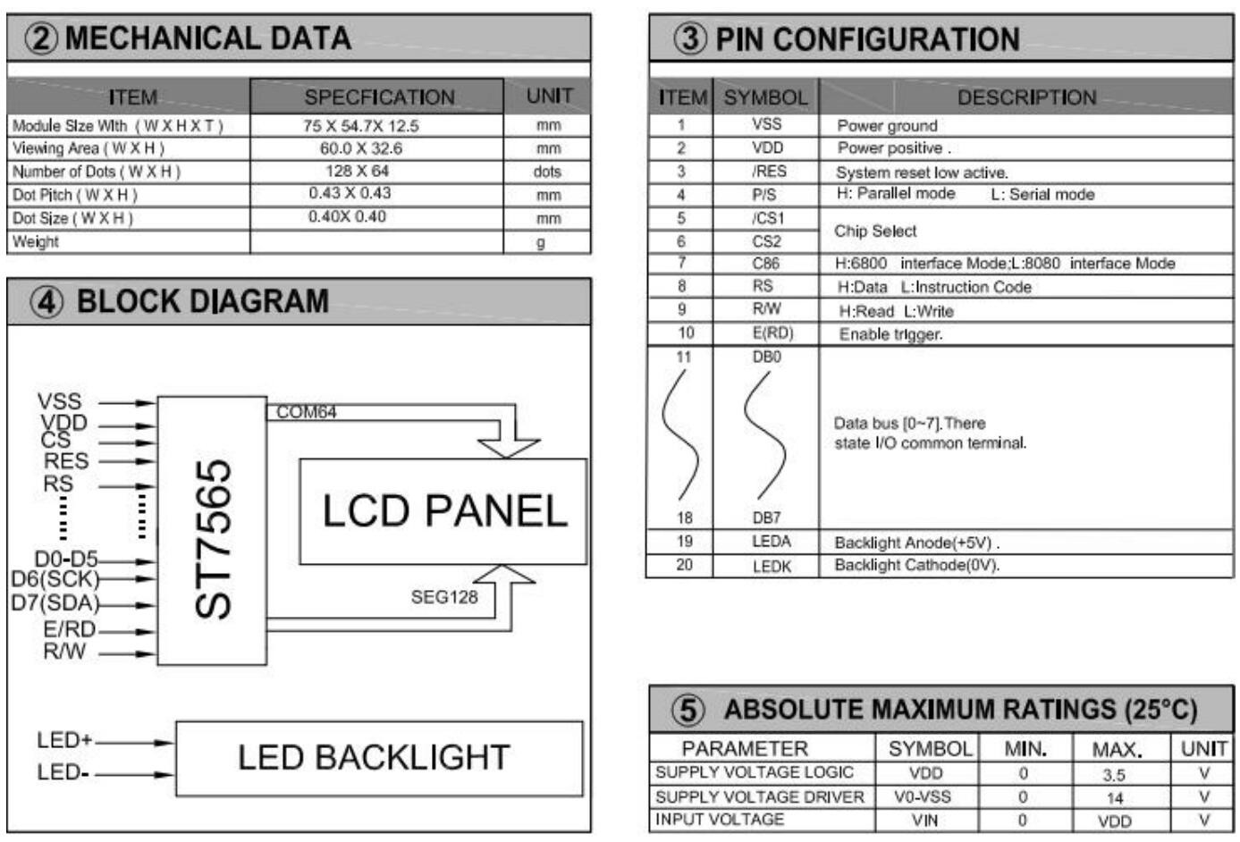 128*64 Graphic STN LCD Module With LED Back Light Monochrome 20 Pin ST7565 3.5v Industrial Display