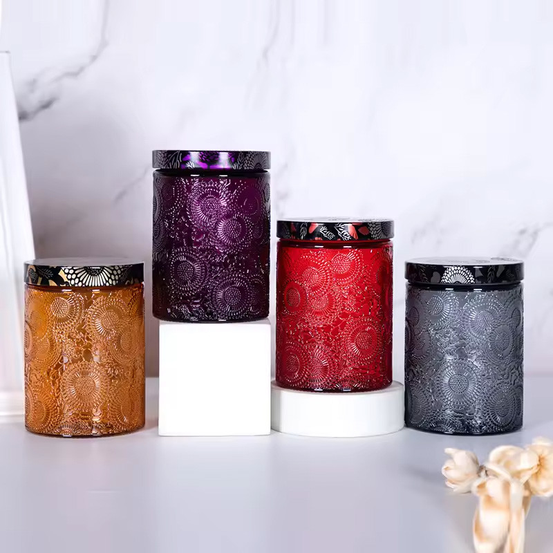 8.5cm X 12cm 500ml Empty Straight Round Embossed Glass Candle Jars With Screw Colorful Metal Lid