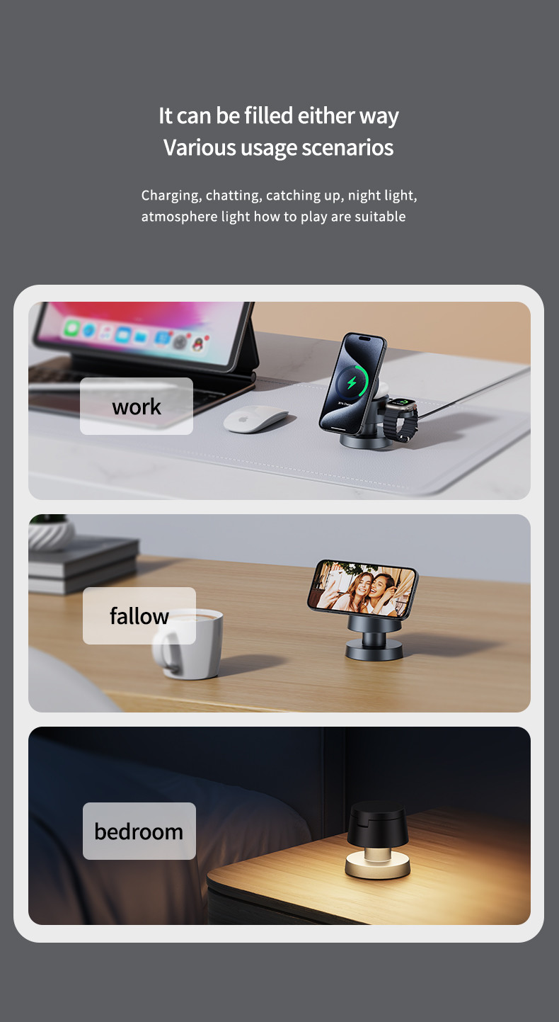 CUSTOM LOGO Fast 3 In 1 Foldable Night Light Lamp Wireless Charger Station Qi Magnetic Wireless Charging