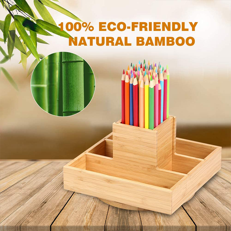 Bamboo Multifunctional Rotating Pen Holder for Desk Art Supply Organizer 18x18x11.5cm