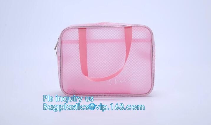 Embroidery Logo black nylon mesh cosmetic bag with zipper, mesh net zipper cosmetic makeup bag with custom logo, Women M