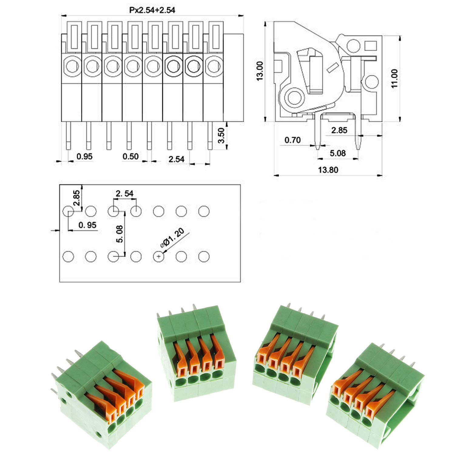 Narrow Spacing 2.54 mm Screwless PCB Spring Terminal Block 150V 4A