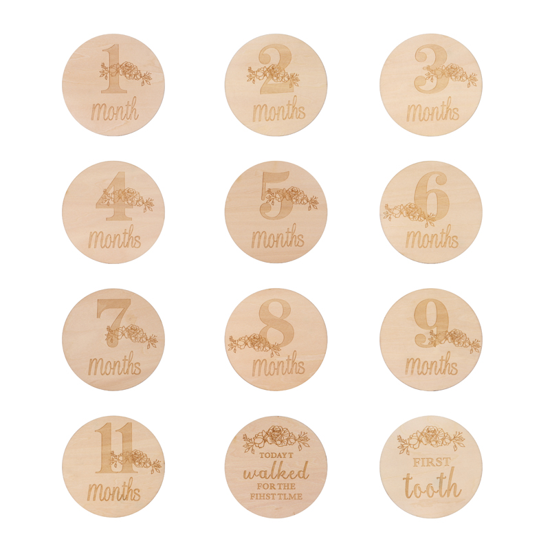 Baby Monthly Cards Wooden Cards Double Sided Discs Baby Gift Sets Stickers Blocks Set of 13 with Drawstring Bag