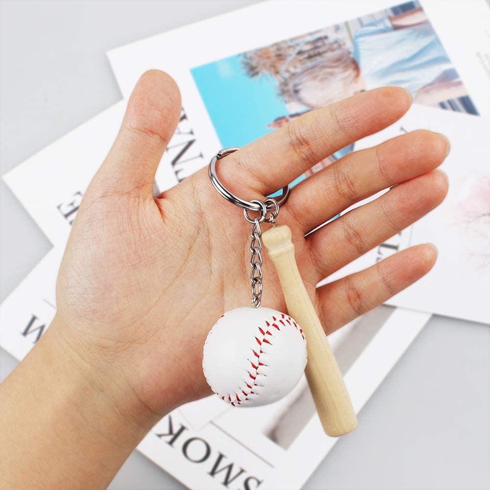 Mini Baseball Keychain with Wooden Bat for Sports Theme Party Team Souvenir Athletes Rewards Party Favors