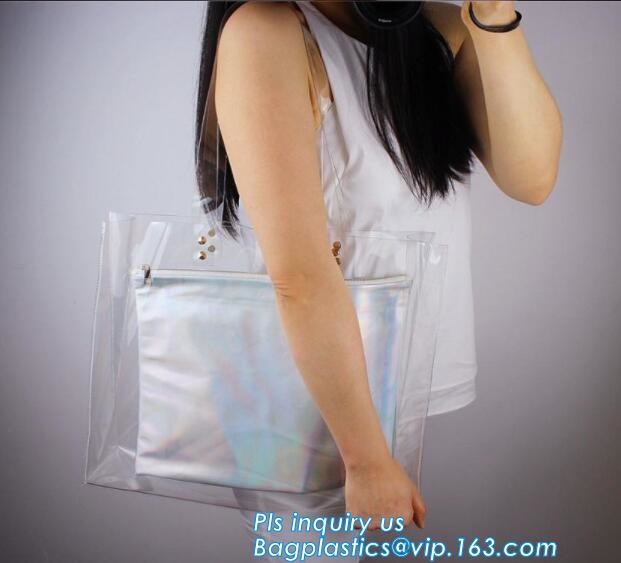 patch handle pe die cut large clear plastic bags with your own logo, pvc tote bag with leather handles tote bag PVC hand