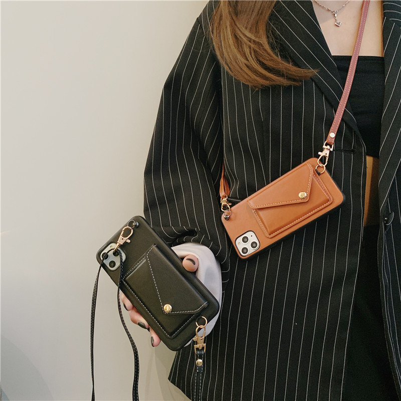 Neck Strap Phone Case , Leather Mobile Cover Adjustable Length Goes With A Card Holder