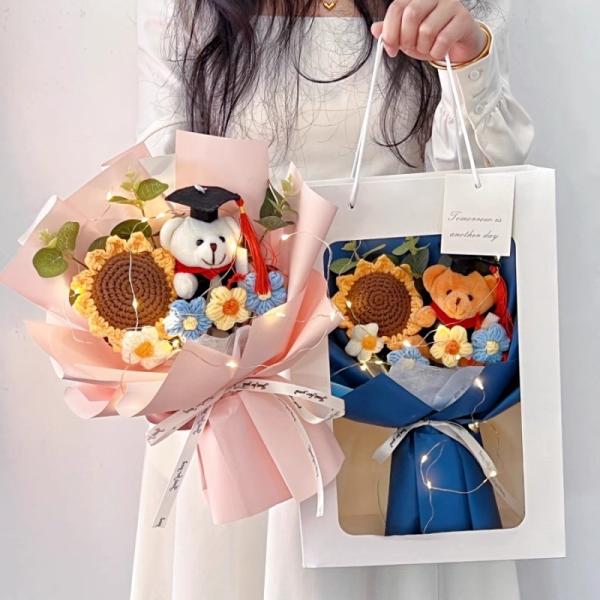 Buy cheap Graduation Bear Sunflower Knit Bouquet Set Creative Handmade Gift Yarn Flower Gift for Teachers Birthday Gift from wholesalers