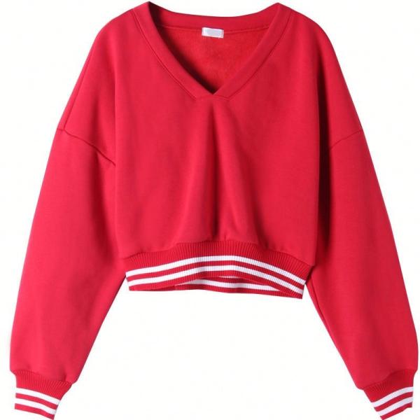 Buy cheap Fashion Women'S Drop Shoulder Sweatshirt , V Neck Crop Top Pullover Red Black from wholesalers