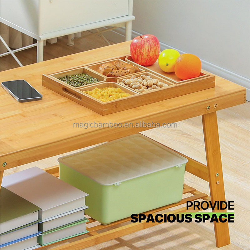 50x100x48.5cm Bamboo Dual Tier Coffee Table With Open Storage Shelf For In Living Room