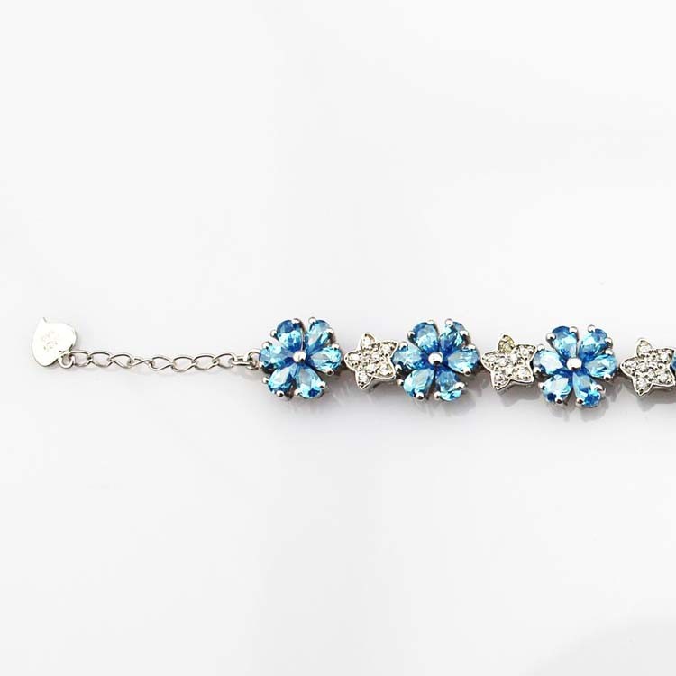 Sterling Silver Link Flower Blue Topaz Cubic Zircon Tennis Bracelet(B01BLUE)
