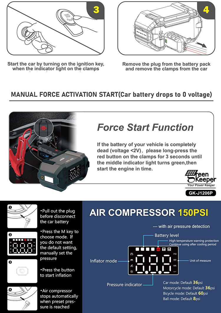 20000 mAh 18W USB-A Output Jump Starter with Air Compressor Power Bank and LED Light