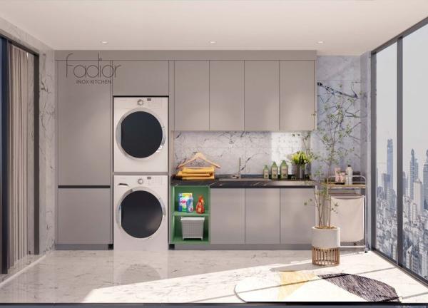Buy cheap Light Gray Stainless Steel Balcony Storage Unit With Lotus Green Open Cabinet from wholesalers