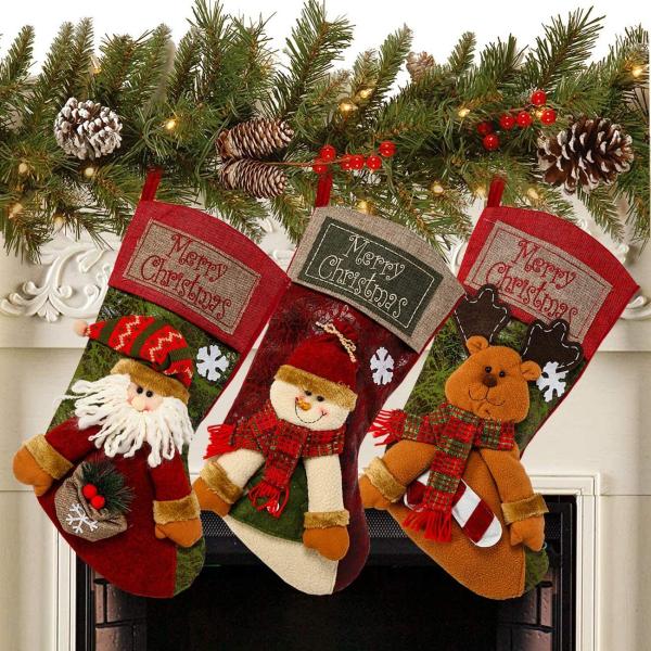 3PCS 18" Christmas Stocking Classic Large Stockings Santa, Snowman, Reindeer