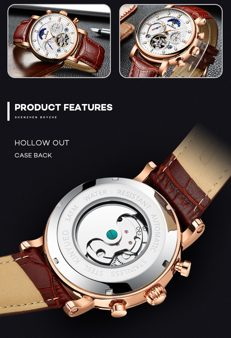 Automatic Mechanical Watch Leather Moon Phase With Diamond Crystal Mechanical Watch For Men