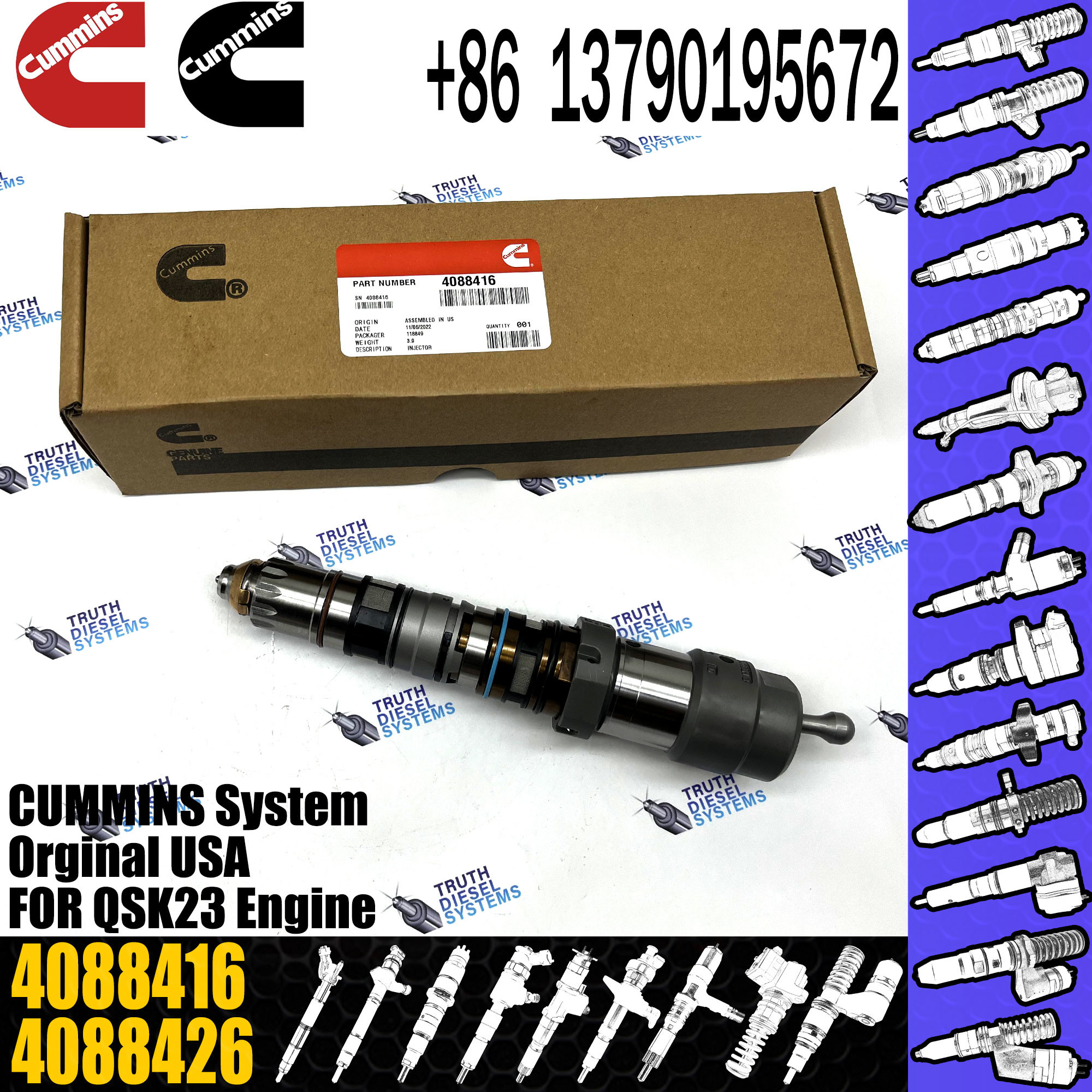 Diesel Engine Common Rail Fuel Injector for Cummins-QSK23 Engine 4088416 4088416 4076533 3677446
