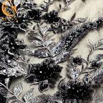 Black Decorative Embroidered Lace Fabric Fashionable With Rhinestones