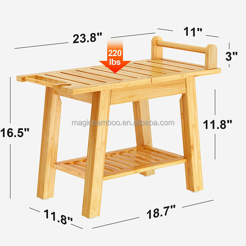 Eco-friendly 2-Tier Bamboo Shower Bench with Storage Shelf Natural Bamboo Color Spa Stool