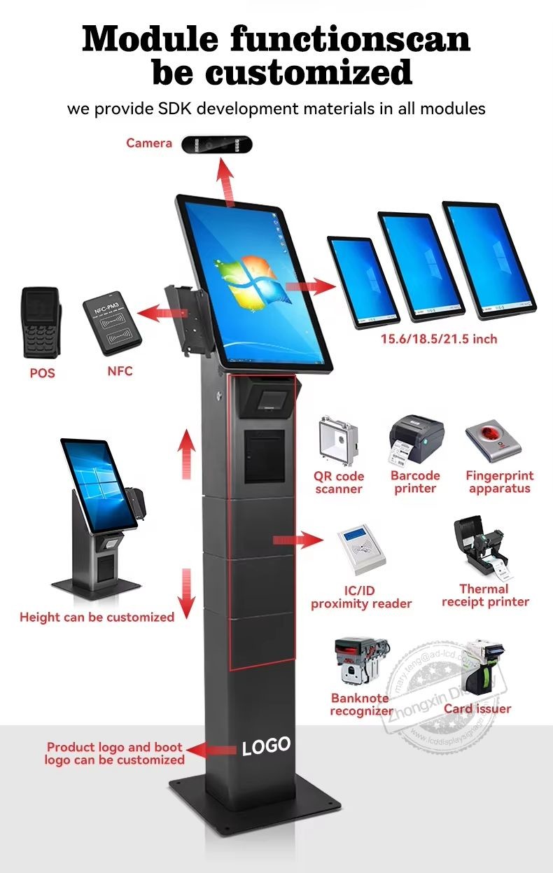 Commercial Standing Android Fast Food Restaurant Touch Screen Kiosk With Pos Barcode Scanner Ticket Printer Options