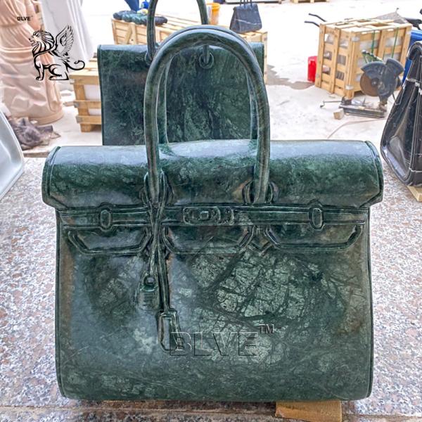 Buy cheap Marble Famous Brand Bag Sculpture Frog Green Natural Stone Handbag Statue Luxury Shopping Mall Decoration from wholesalers