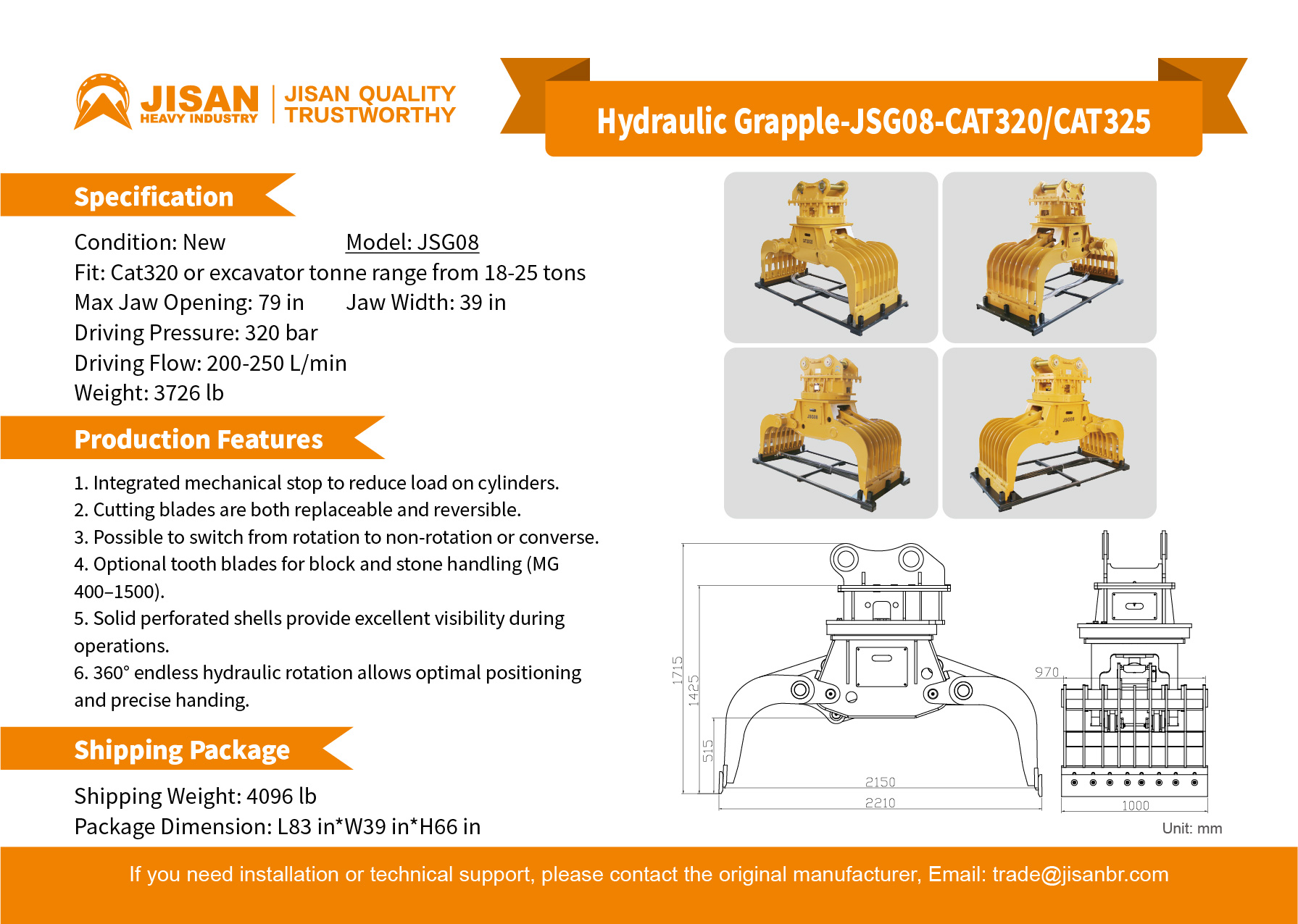 Metal Scrap Sorting Grab , Hydraulic Stone Square Rotating Demolition Grapple