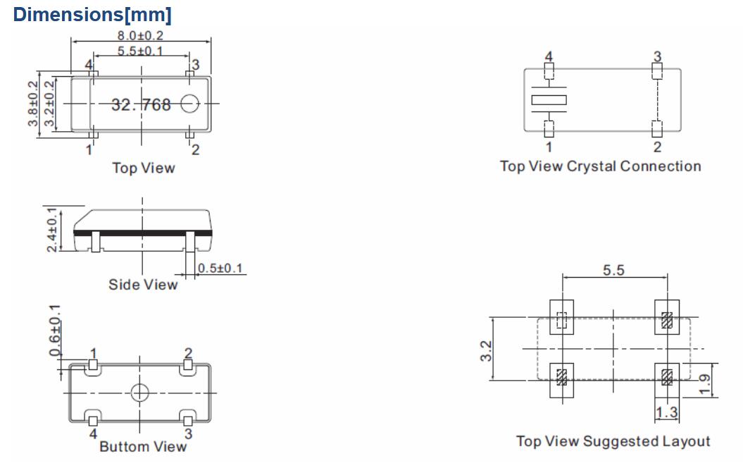 32.768KHz SJK 308C Crystal Resonator 3.8*8.0*2.5mm 20ppm with 1.3pF Shunt Capacitance