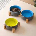 Wood Stand Non-Slip Matte Glaze Weighted Food Water Set for Cats &Small Dogs