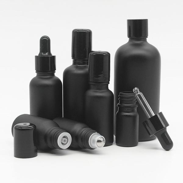 Buy cheap 10ml 15ml 20ml 30ml 50ml 100ml Frosted Matte Black Round Essential Oil Glass Dropper Bottle With Gold Dropper from wholesalers
