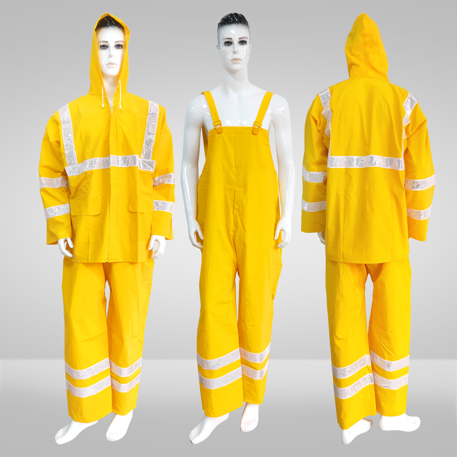 PVC Polyester Hooded Rain Suit Durable Rain Jacket Bib Pants Two Piece Rain Wear Unisex Work Outdoor Coat with Reflective Strips