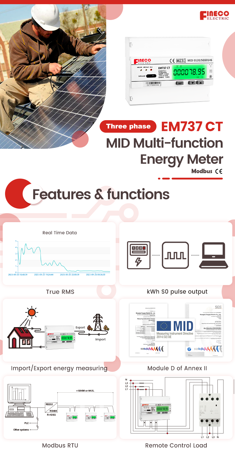 Forward Three Phase Bi-Directional Energy Meter EM737 CT 3*230/400V 1.5 6 A with Modbus