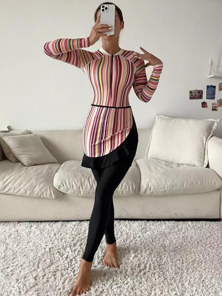 Conservative Muslimah Swim Wear Dubai Arab Islamic Bathing Suit Striped Long