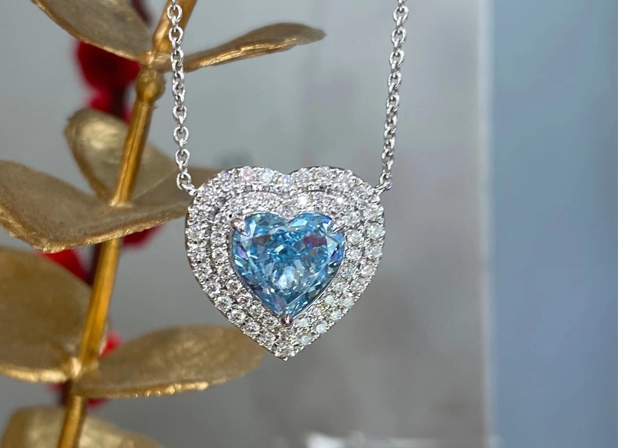 Heart Cut Lab Created Diamond Pendants Blue Diamond Heart Pendant 2.63ct