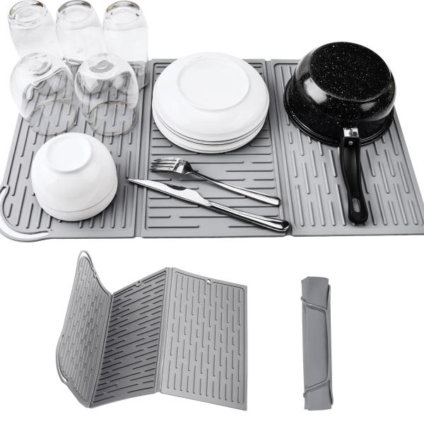 Silicone Collapsible Trifold Dish Drying Mat For Kitchen Counter Extra Large