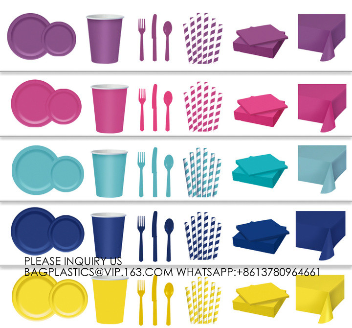 Colorful Party Pack! Includes Colorful Dinner Plates, Cutlery, Napkins And Cups bronzing hot silver paper tray