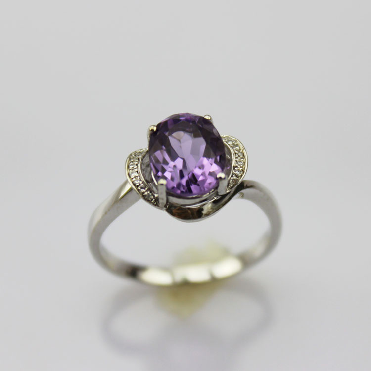925 Silver Ring with 7x9mm Oval Amethyst Rhinestone-(F64)
