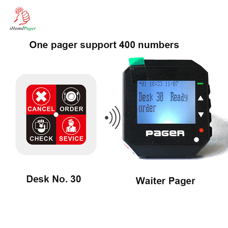 Customize cheap wireless alphanumeric wrist watch and button pager system used for shopping mall or factory