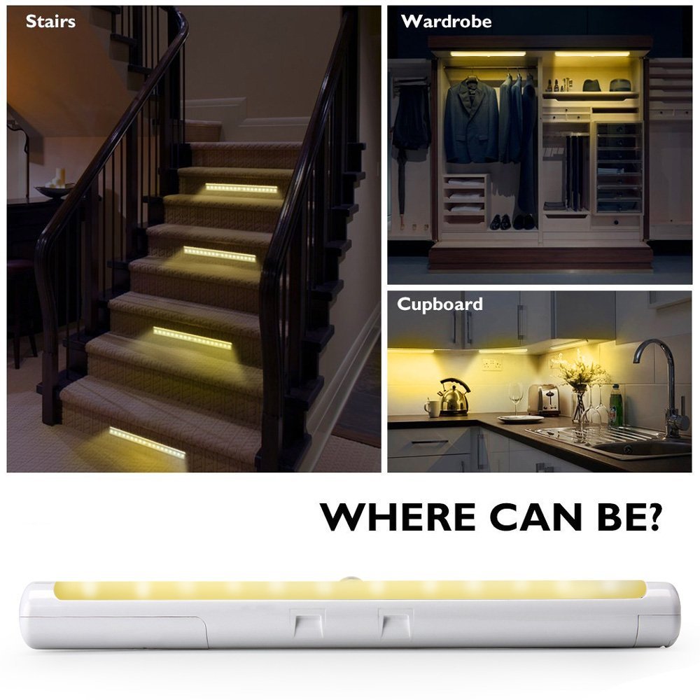 Motion Sensing Wardrobe Lights, Under Cabinet Lightening, Portable 12 LED Emergency Flashlight Night Light Bar with Hook