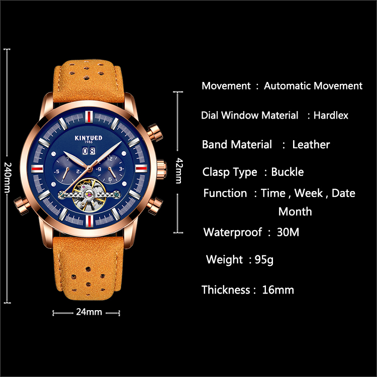 KINYUED J019-6 Tourbillon automatic mechanical genuine leather business waterproof men watches