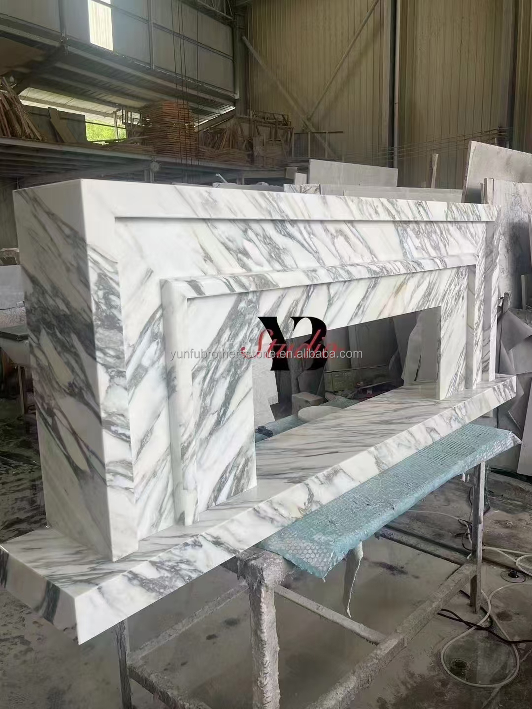 Villa Modern Design Carved Italian Arabescato Corchia White Marble Fireplace Customized
