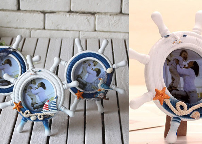 Nautical Rudder Shell Boat Photo Frame With Decorative Ship Steering Wheel
