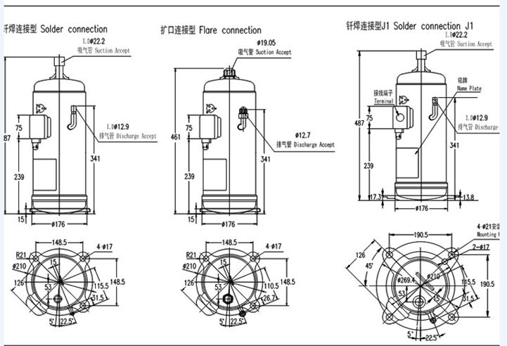 R410A Hitachi Scroll Compressor , hermetic refrigeration compressor E605DH-59D2YG with 60020BTU / H