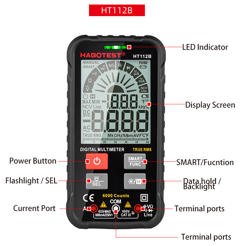 6000uA Handheld Digital Multimeter , 6V Smart Digital Multimeter